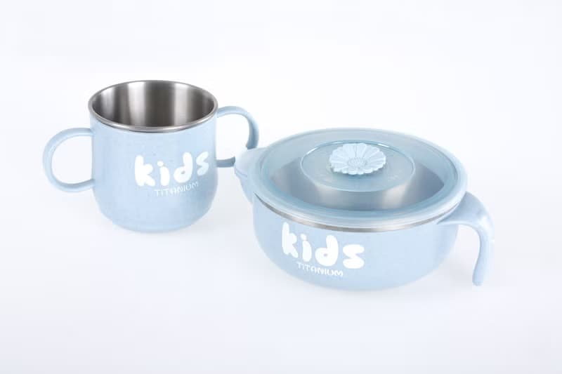 純鈦兒童學習杯注水碗兩件組(雙層 雙耳杯+注水碗)-石灰藍