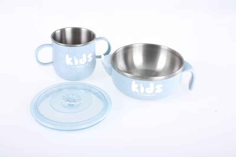 純鈦兒童學習杯注水碗兩件組(雙層 雙耳杯+注水碗)-石灰藍