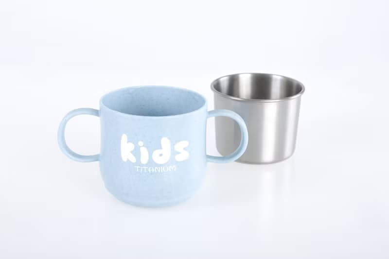 純鈦兒童學習杯注水碗兩件組(雙層 雙耳杯+注水碗)-石灰藍