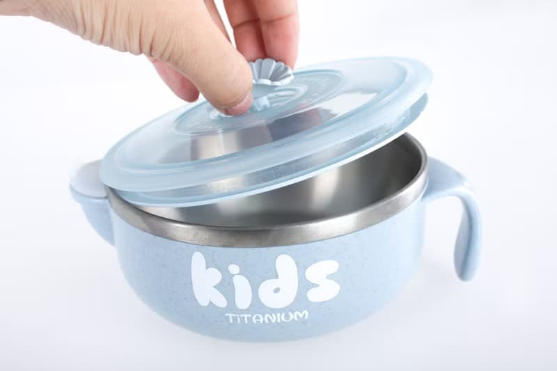 純鈦兒童學習杯注水碗兩件組(雙層 雙耳杯+注水碗)-石灰藍