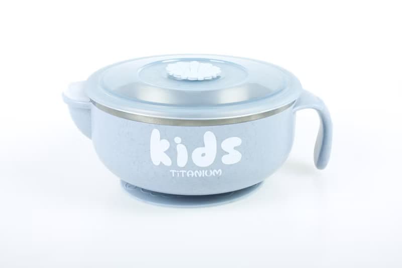 純鈦兒童學習杯注水碗兩件組(雙層 雙耳杯+注水碗)-石灰藍