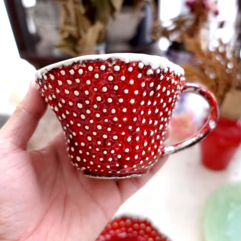 外國手製紅色蘑菇白波點愛麗絲風陶瓷茶杯波浪花邊碟子茶具咖啡杯