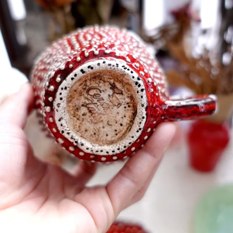 外國手製紅色蘑菇白波點愛麗絲風陶瓷茶杯波浪花邊碟子茶具咖啡杯