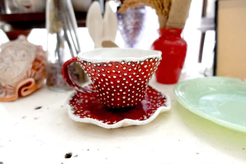 外國手製紅色蘑菇白波點愛麗絲風陶瓷茶杯波浪花邊碟子茶具咖啡杯