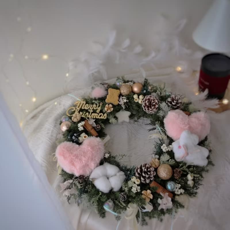 可愛小熊雪松聖誕花圈 愛心夢幻兔裝飾 永生聖誕花圈 聖誕節禮物