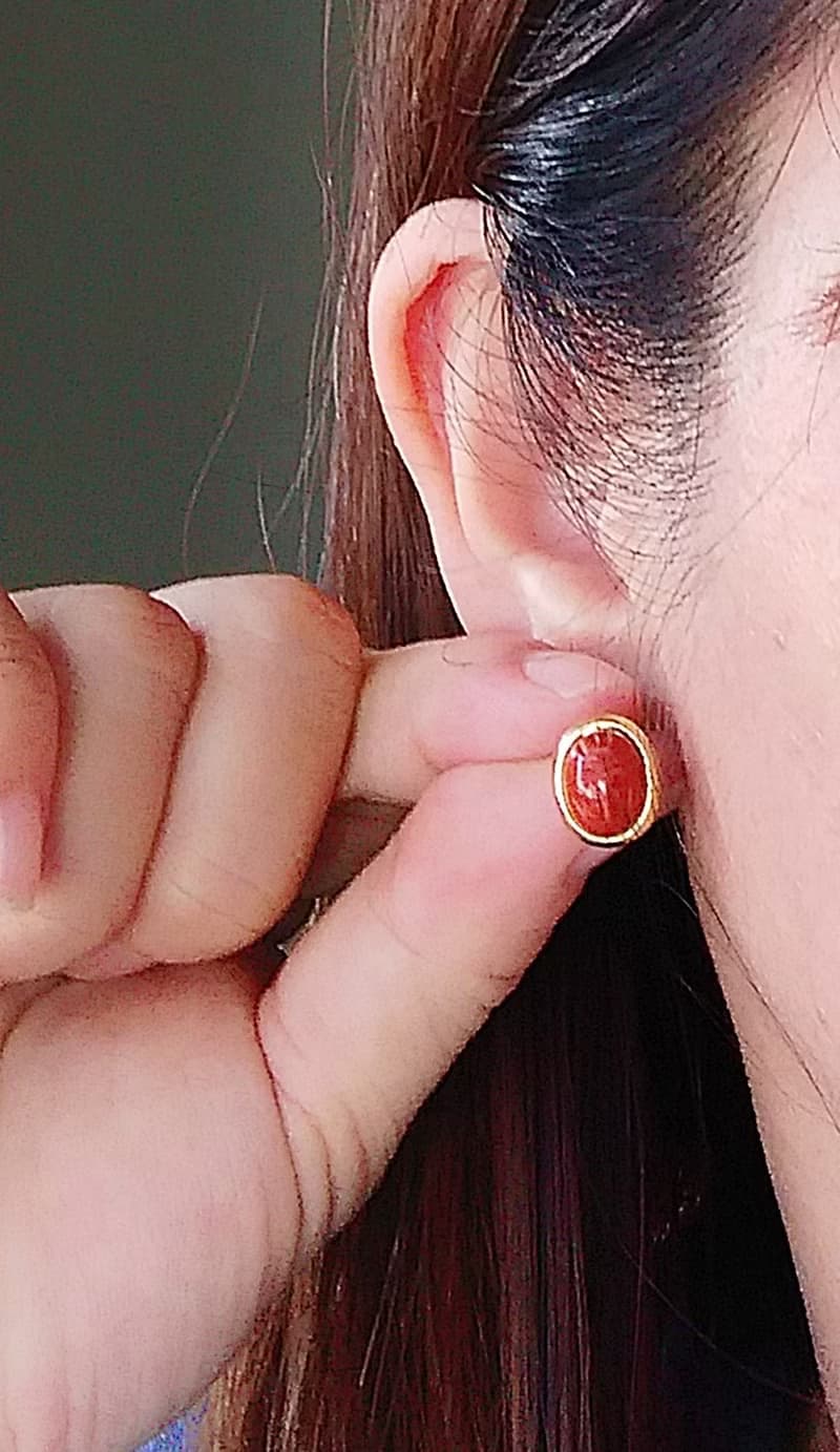 Vintage Jewelry 西洋古董飾品 聖甲蟲系列 橢圓 棗紅 針式耳環