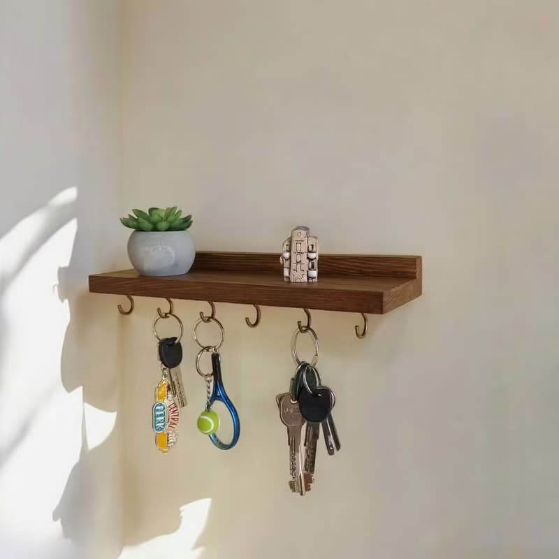 Handcrafted Wooden Floating Shelf with Hooks 30 cm 6 hooks