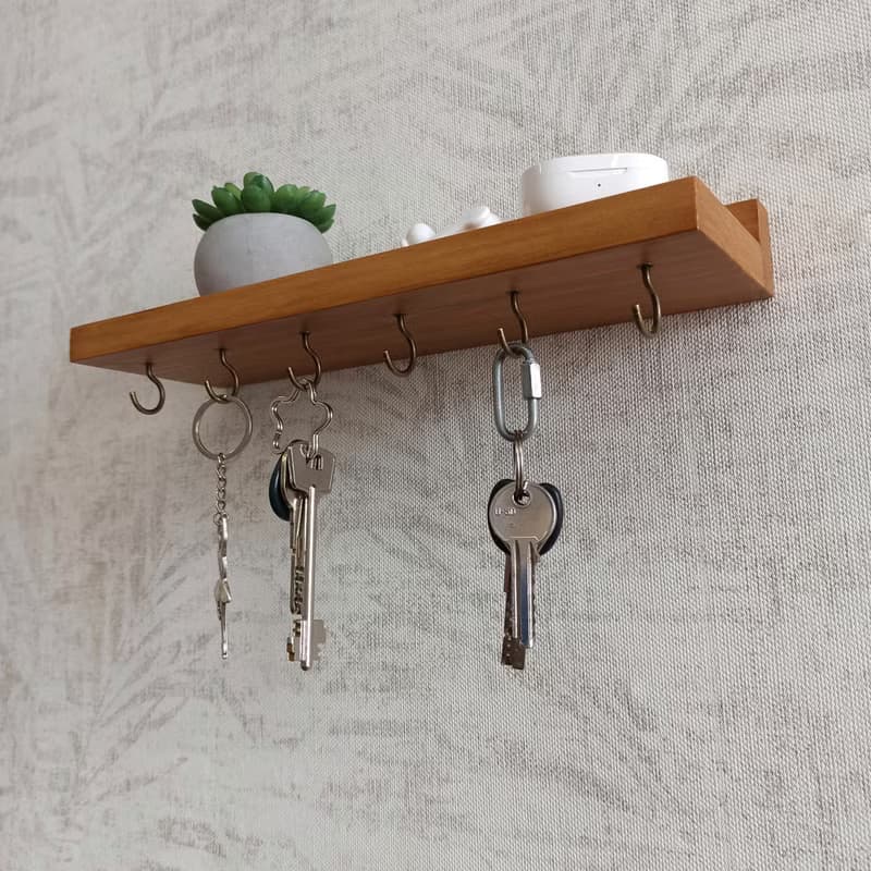 Handcrafted Wooden Floating Shelf with Hooks 30 cm 6 hooks