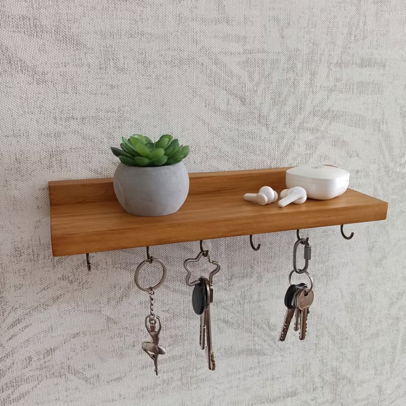 Handcrafted Wooden Floating Shelf with Hooks 30 cm 6 hooks