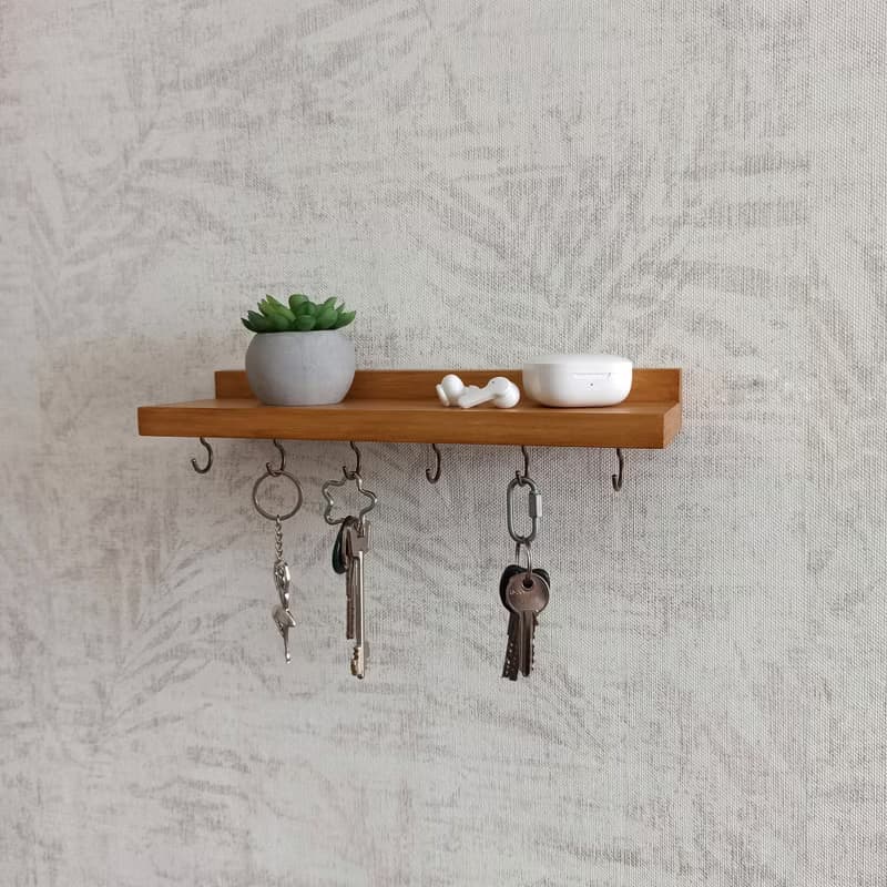 Handcrafted Wooden Floating Shelf with Hooks 30 cm 6 hooks