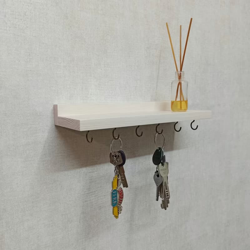 Handcrafted Wooden Floating Shelf with Hooks 30 cm 6 hooks