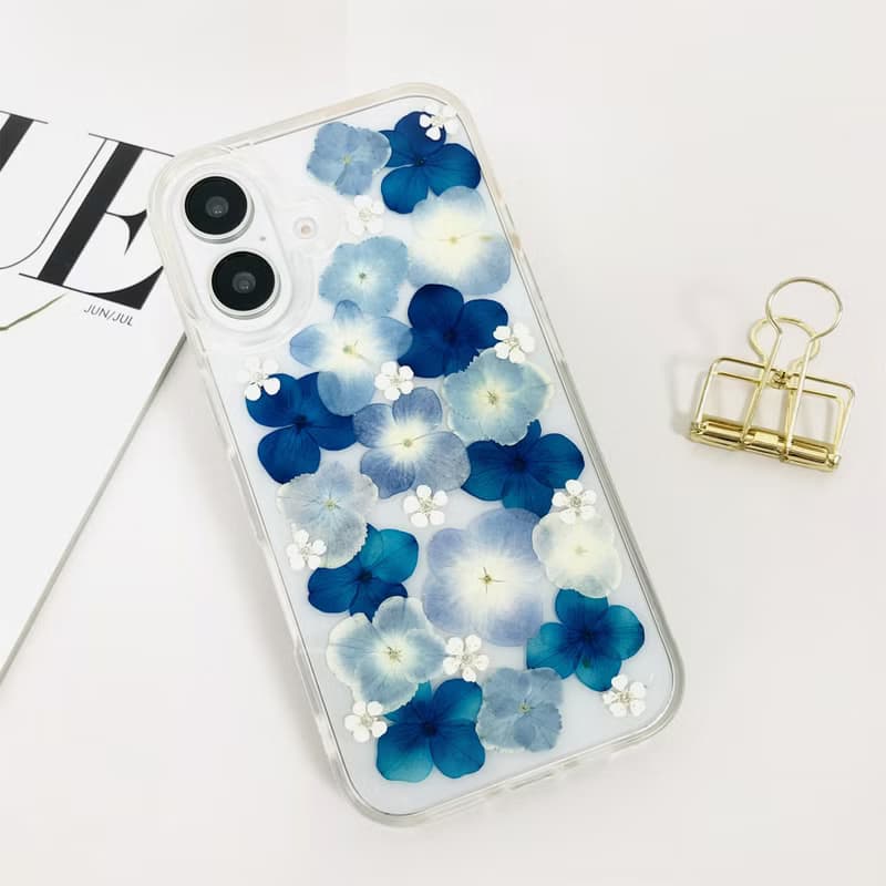 手工天然藍白色押花手機殼適用於iPhone 16 Pro Max Samsung S25