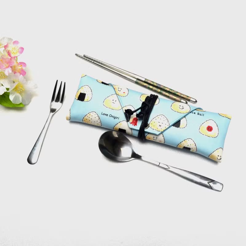 可愛飯糰-粉藍餐具包/筆收納袋 筆袋 餐具套 餐具袋 收納 環保