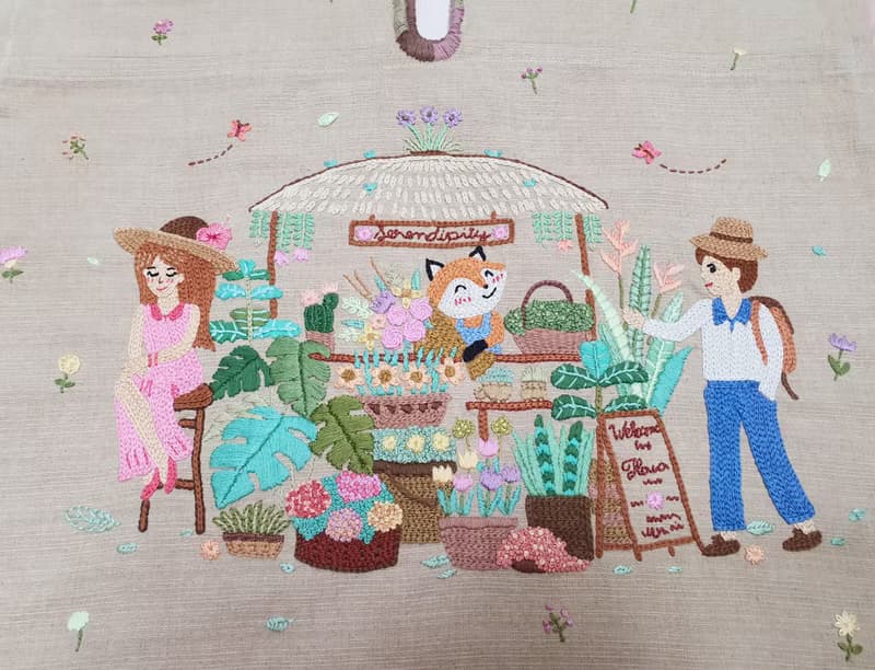 可愛的手工刺繡連衣裙、棉布、狐狸、花店、情侶、愛情