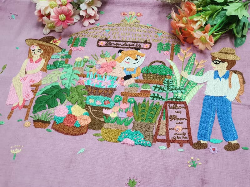 可愛的手工刺繡連衣裙、棉布、狐狸、花店、情侶、愛情