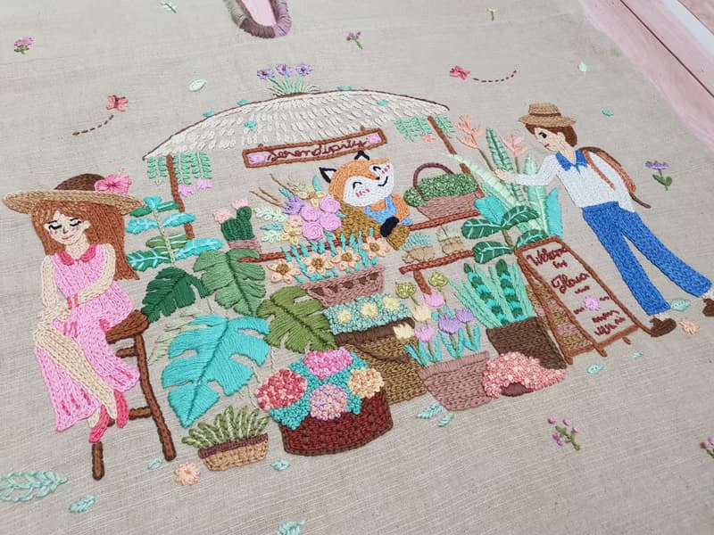可愛的手工刺繡連衣裙、棉布、狐狸、花店、情侶、愛情