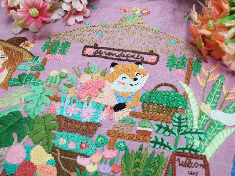 可愛的手工刺繡連衣裙、棉布、狐狸、花店、情侶、愛情