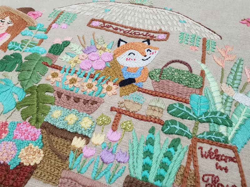 可愛的手工刺繡連衣裙、棉布、狐狸、花店、情侶、愛情