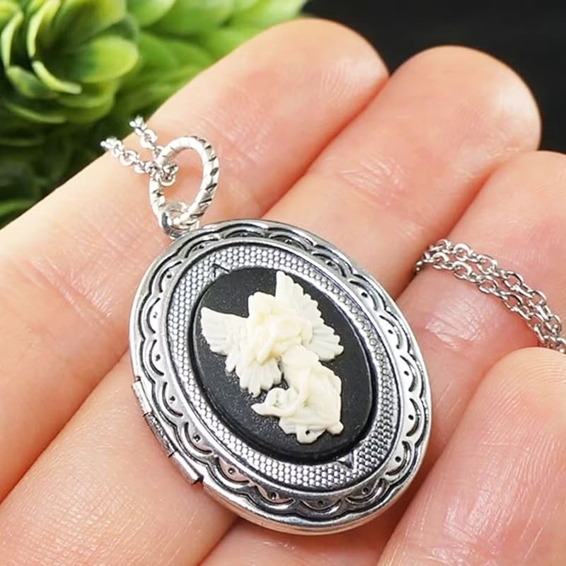Guardian Angel Cherub Cameo Silver Locket Ivory Black Pendant Necklace Jewelry
