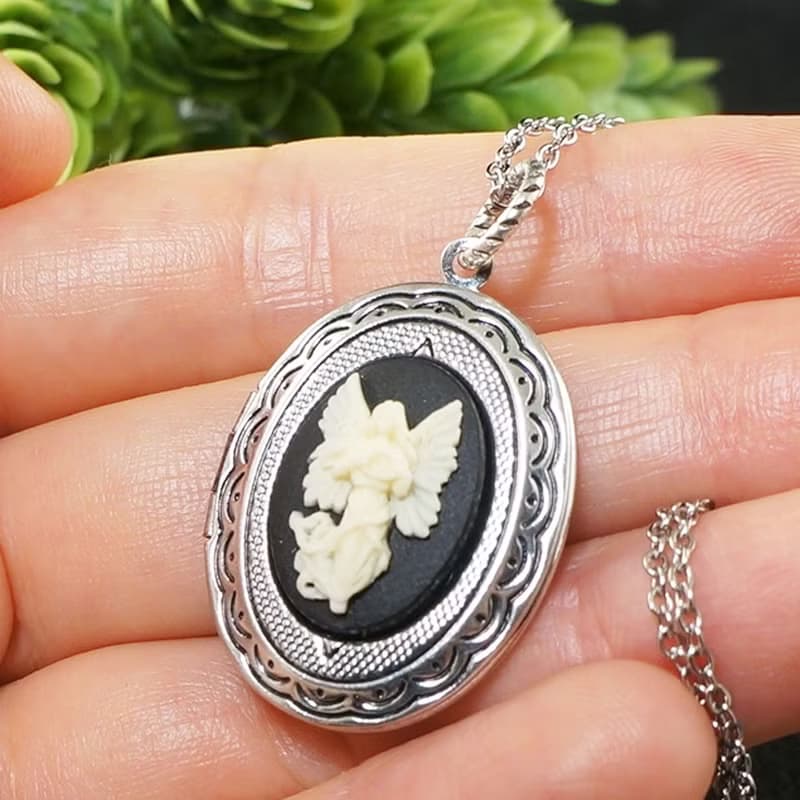 Guardian Angel Cherub Cameo Silver Locket Ivory Black Pendant Necklace Jewelry