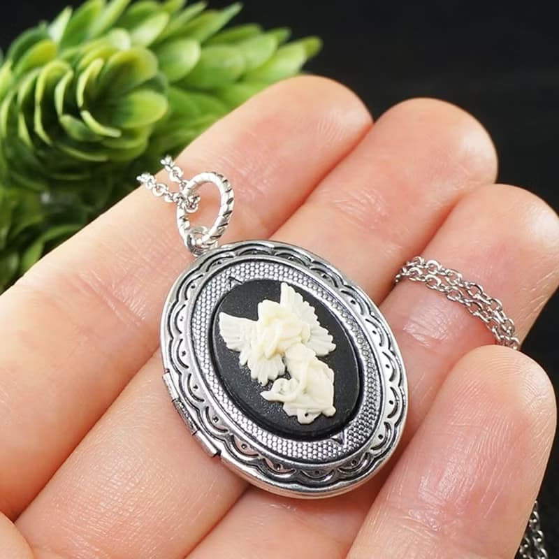 Guardian Angel Cherub Cameo Silver Locket Ivory Black Pendant Necklace Jewelry