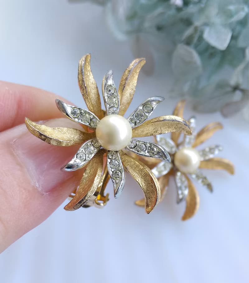 Vintage Jewelry 西洋古董飾品 JUDY LEE 立體雙色珠花 夾式耳環