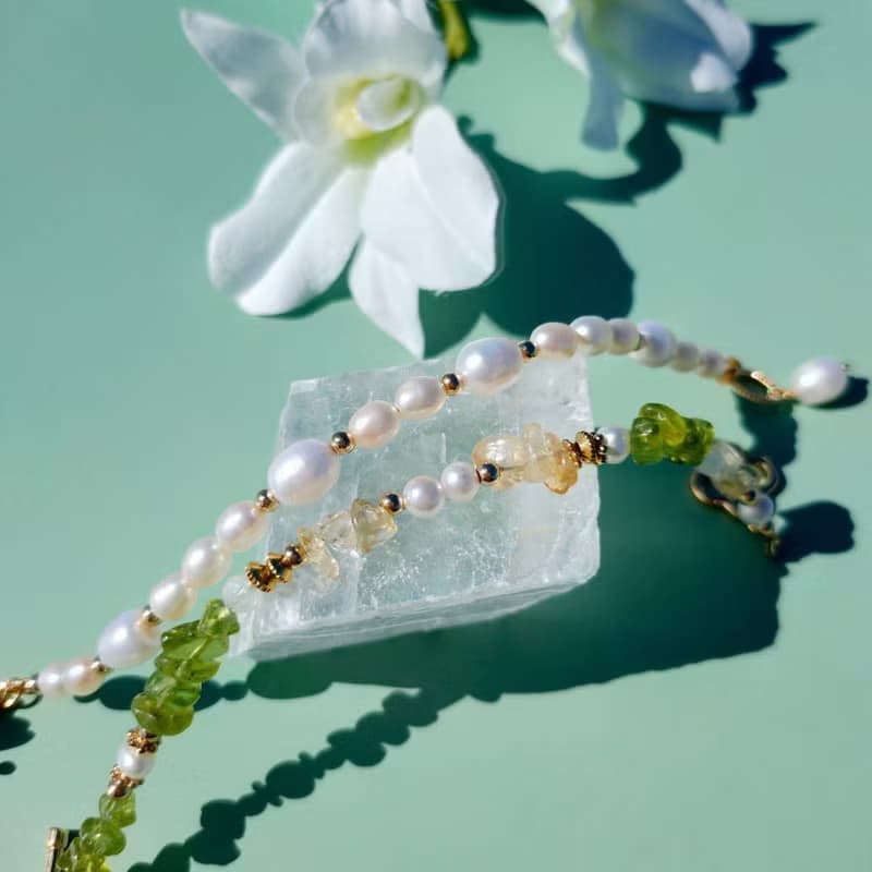 來杯莫希托。黃水晶 淡水珍珠 橄欖石 14K包金 水晶礦石設計手鍊