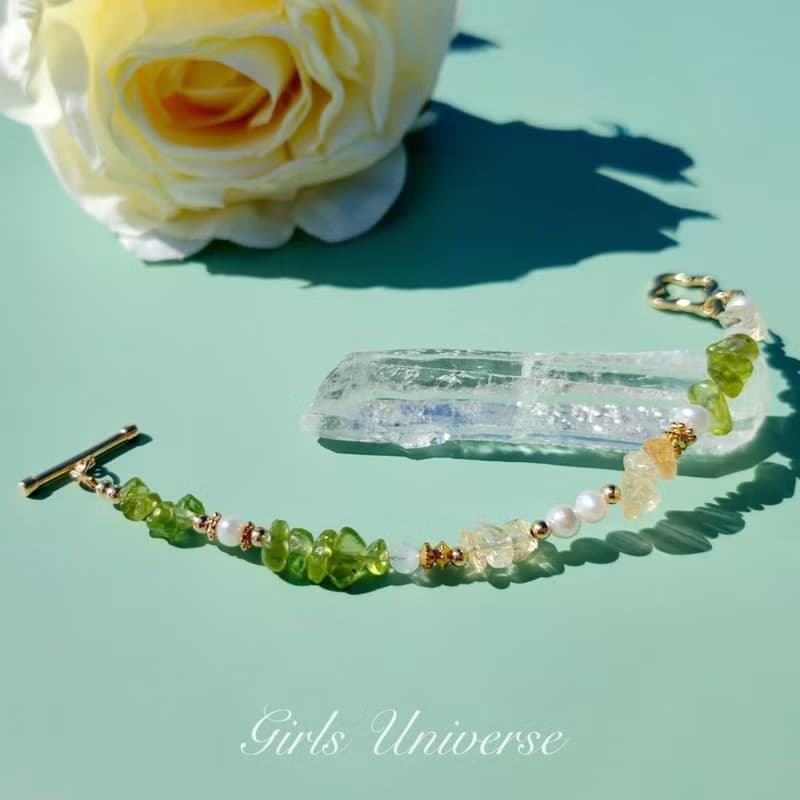 來杯莫希托。黃水晶 淡水珍珠 橄欖石 14K包金 水晶礦石設計手鍊