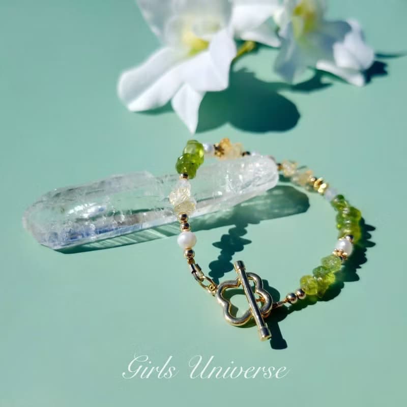 來杯莫希托。黃水晶 淡水珍珠 橄欖石 14K包金 水晶礦石設計手鍊