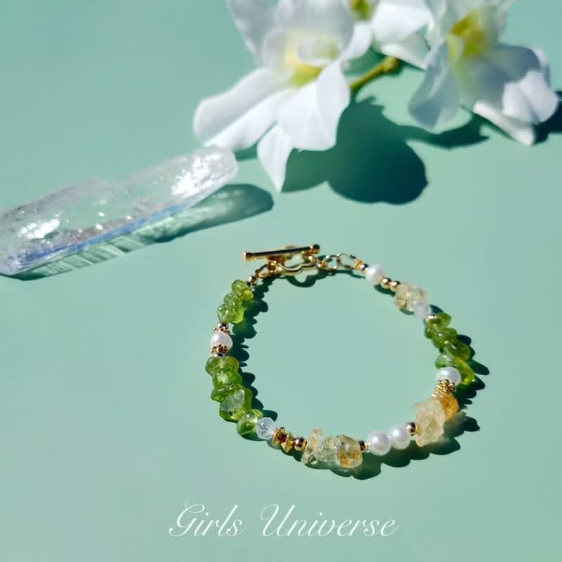 來杯莫希托。黃水晶 淡水珍珠 橄欖石 14K包金 水晶礦石設計手鍊