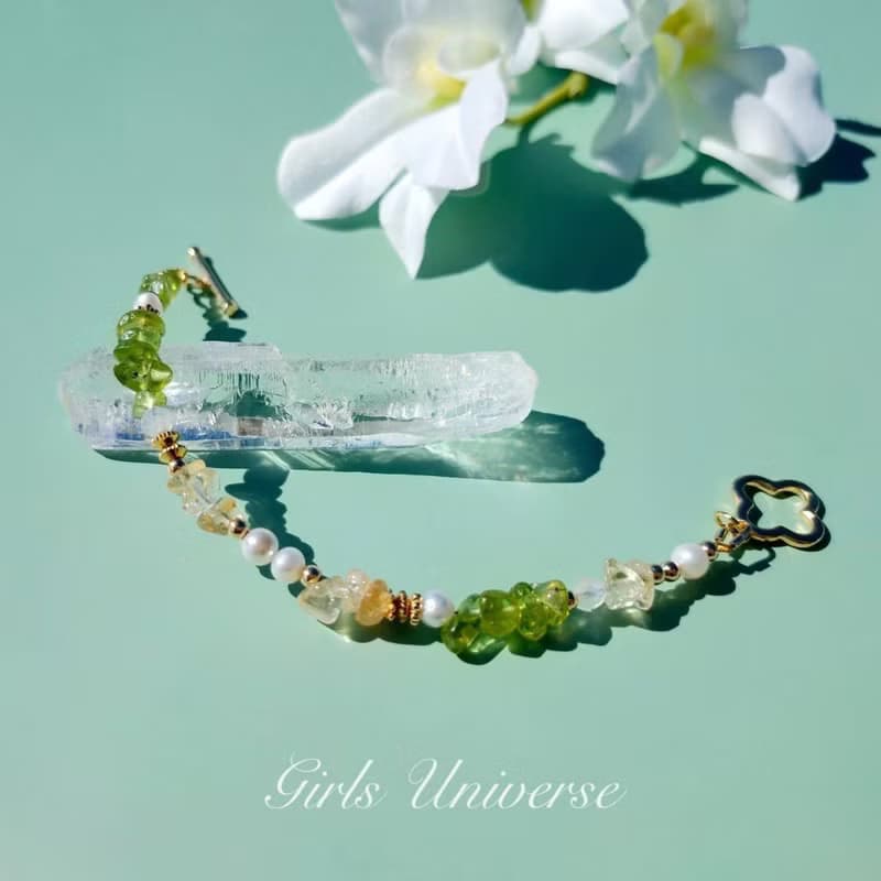 來杯莫希托。黃水晶 淡水珍珠 橄欖石 14K包金 水晶礦石設計手鍊