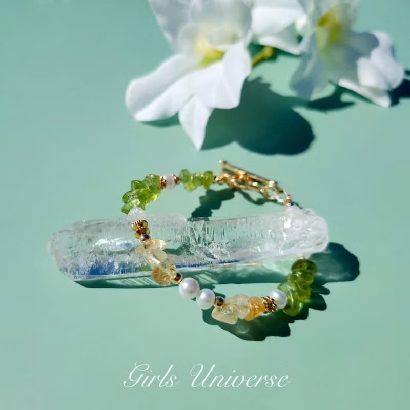 來杯莫希托。黃水晶 淡水珍珠 橄欖石 14K包金 水晶礦石設計手鍊