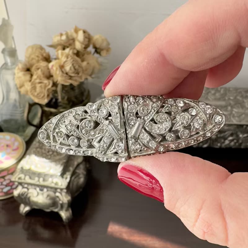 Antique USA Coro Duette Brooch Signed Patented Rhodium Plated Art Deco 1930s