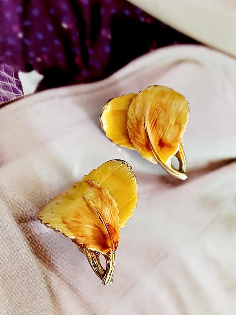 vintage jewelry  琺瑯亮彩蕨葉 夾式耳環