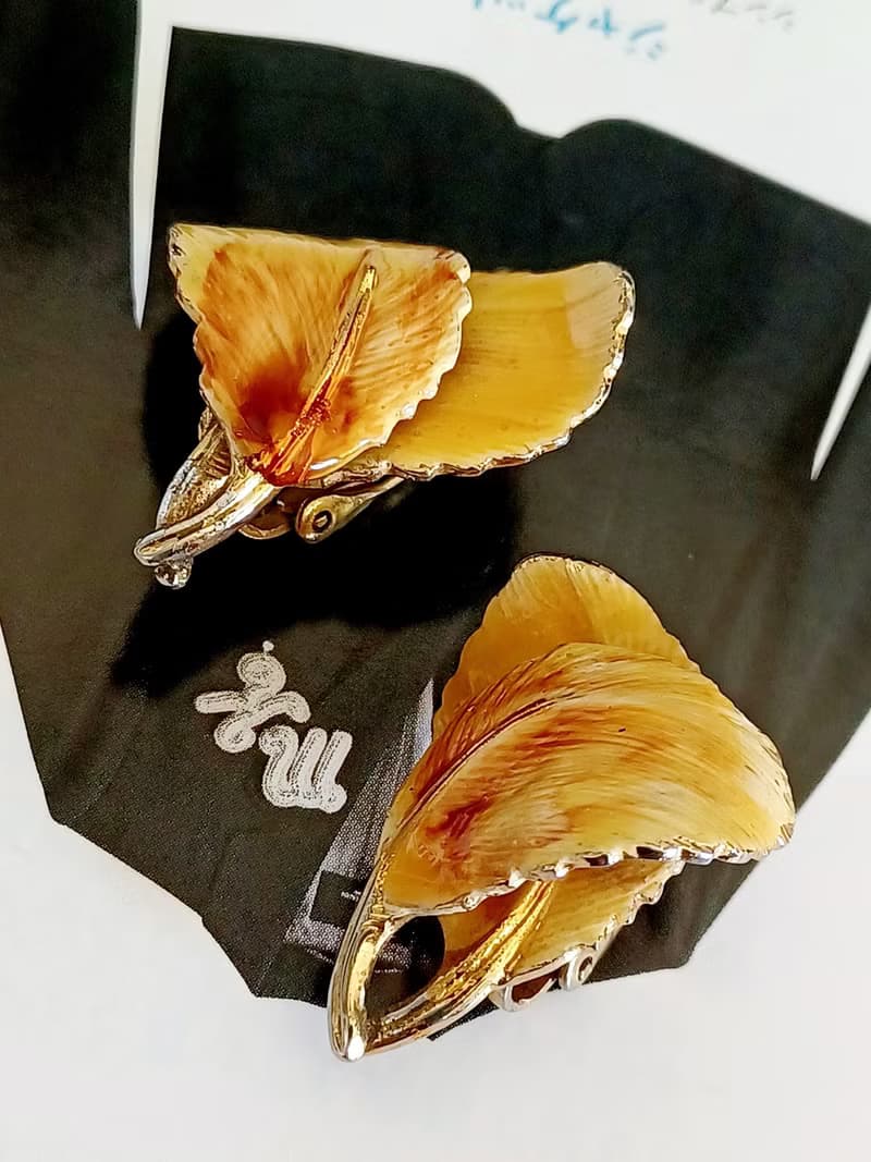 vintage jewelry  琺瑯亮彩蕨葉 夾式耳環