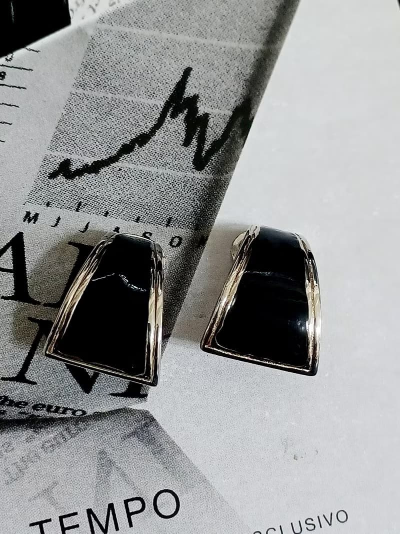 vintage jewelry  都會儷人幾何黑琺瑯 夾式耳環
