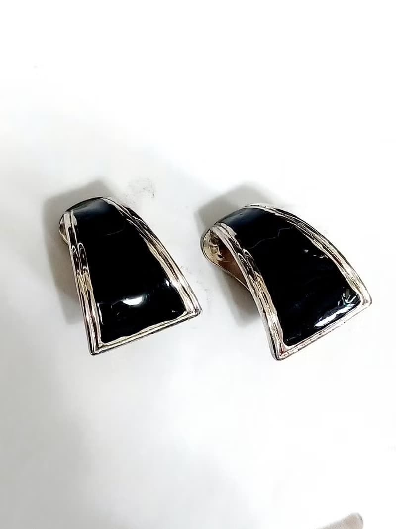 vintage jewelry  都會儷人幾何黑琺瑯 夾式耳環