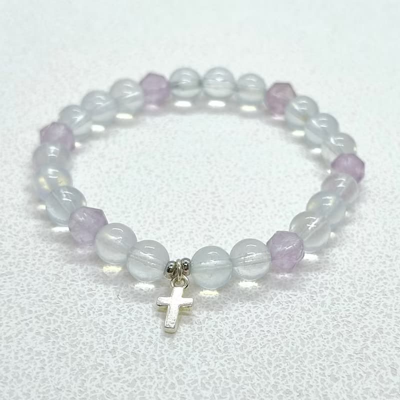 天然冰種海藍寶 紫水晶 純銀925實心純銀十字架串珠手鍊/寶石