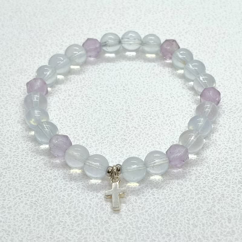 天然冰種海藍寶 紫水晶 純銀925實心純銀十字架串珠手鍊/寶石