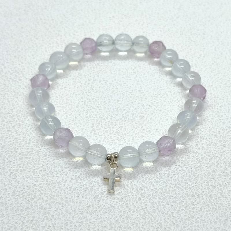 天然冰種海藍寶 紫水晶 純銀925實心純銀十字架串珠手鍊/寶石