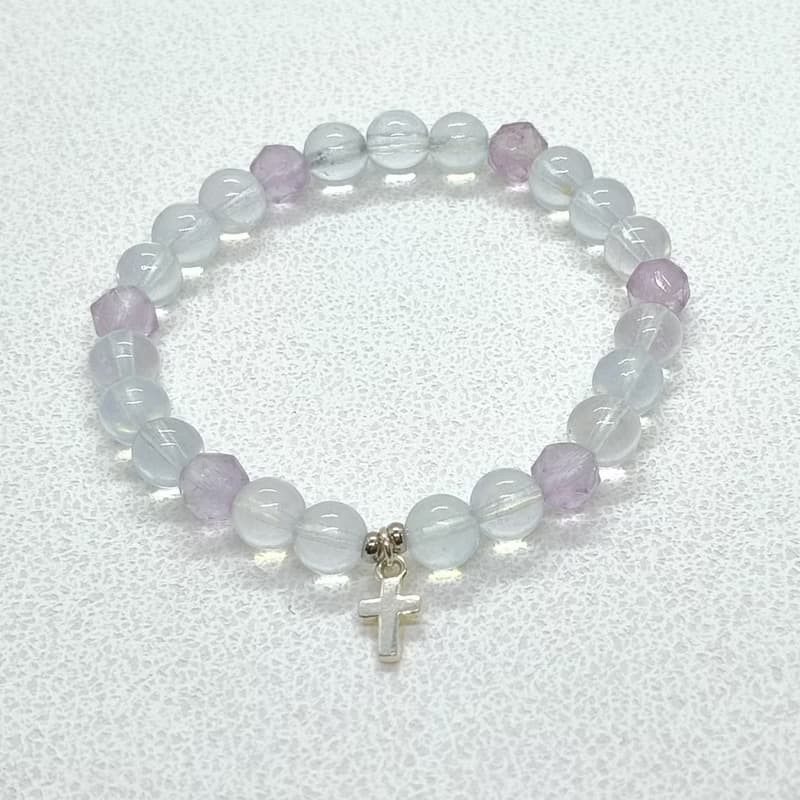 天然冰種海藍寶 紫水晶 純銀925實心純銀十字架串珠手鍊/寶石