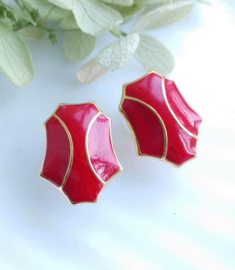Vintage Jewelry 西洋古董飾品 MONET 簡約 紅琺瑯 針式耳環