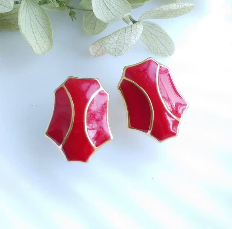 Vintage Jewelry 西洋古董飾品 MONET 簡約 紅琺瑯 針式耳環