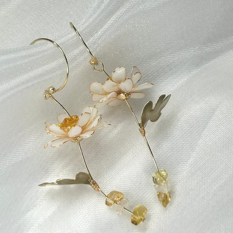 【白色野菊x黃水晶-水晶花耳環】11月生日花生日石 花言日和
