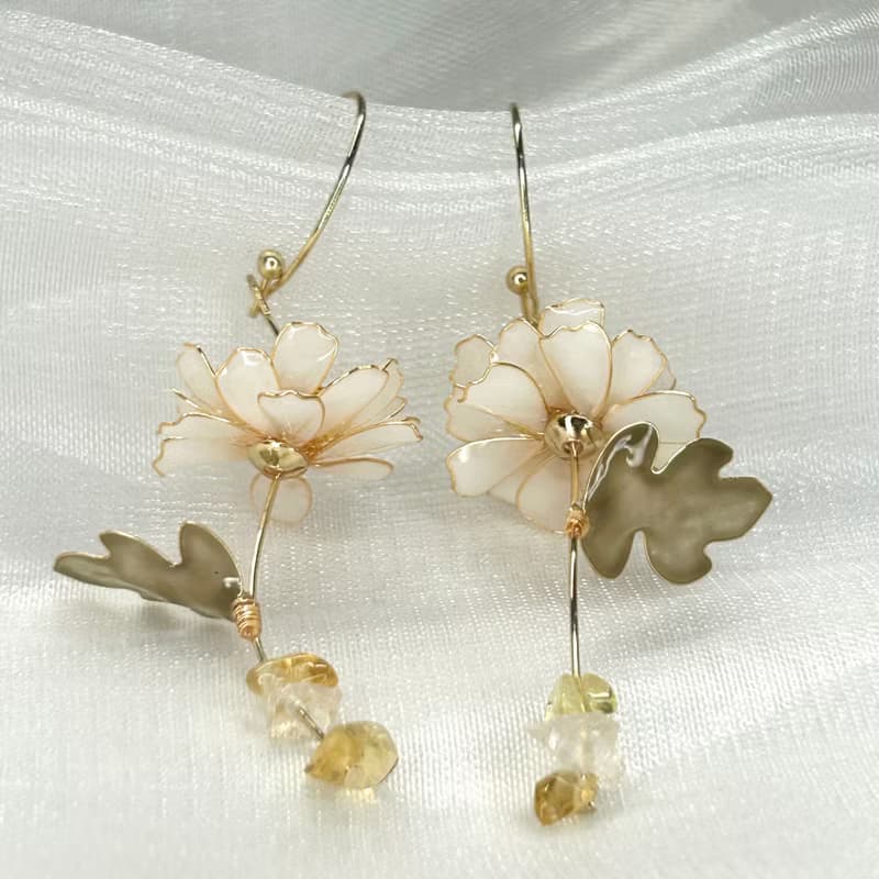 【白色野菊x黃水晶-水晶花耳環】11月生日花生日石 花言日和