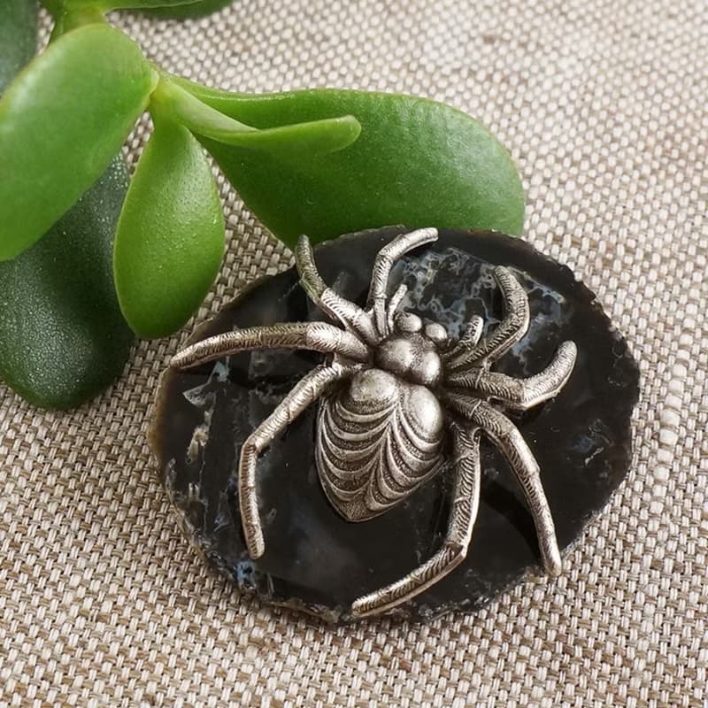 Silver Spider Brooch Black Agate Slice Slab Gemstone Goth Pin Brooch Jewelry