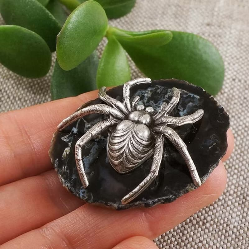Silver Spider Brooch Black Agate Slice Slab Gemstone Goth Pin Brooch Jewelry