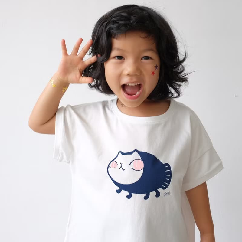 Kids Elio魚喵散步/兒童純棉Tshirt 白-中性版