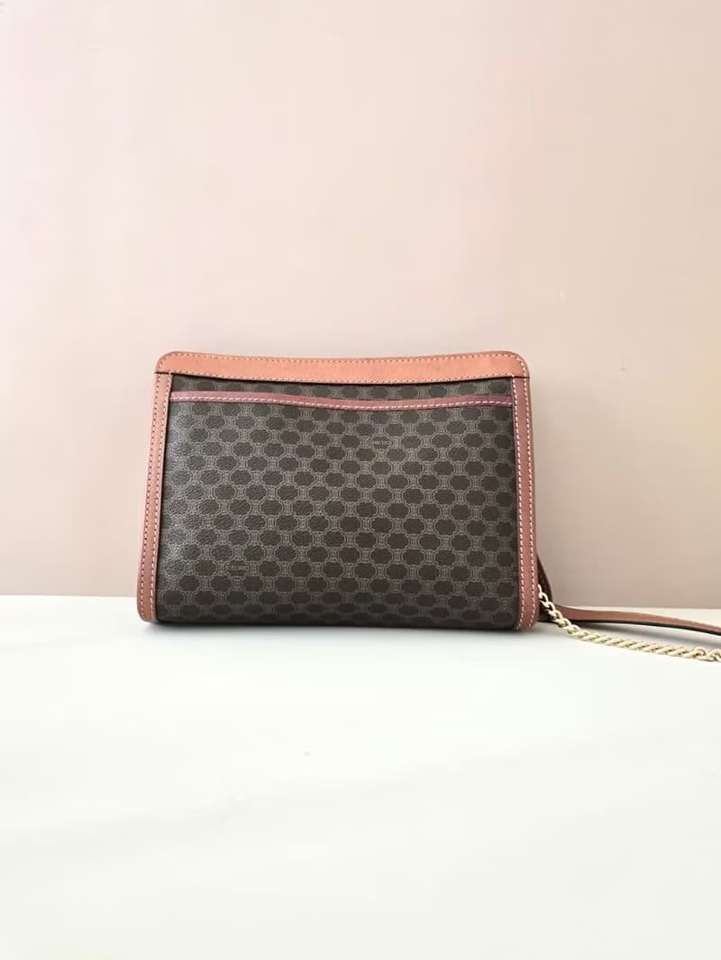 【初夏優惠】中古二手Celine啡杏色老花皮革斜揹側背孭手袋