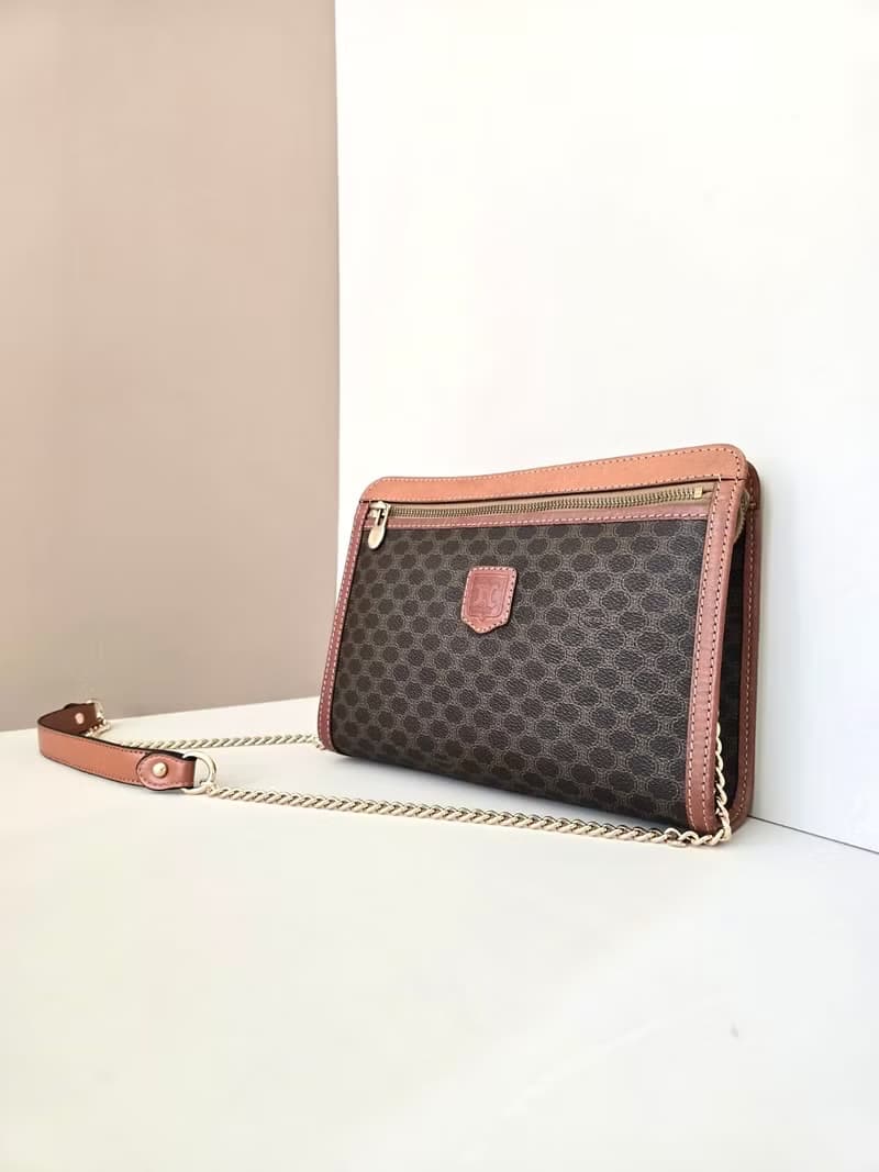 【初夏優惠】中古二手Celine啡杏色老花皮革斜揹側背孭手袋